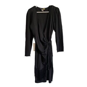 BB Collections.  Sz 10.  USA.  Black Wrap DRESS with Fringe USA Long Sleeve